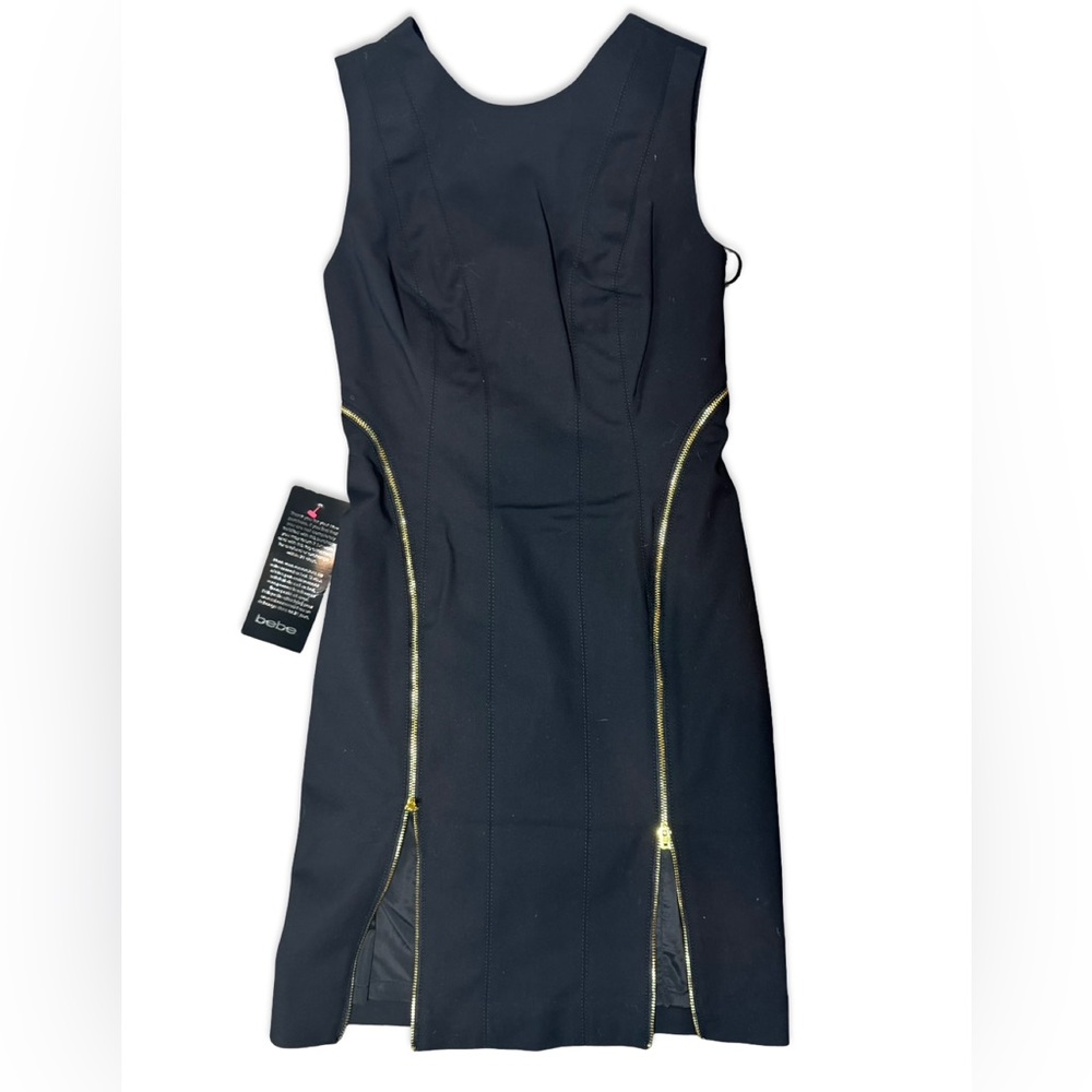 Bebe Little Black Dress Midi Sheath Dress Gold Zippers Bondage Women’s SZ 2 - Picture 13 of 15